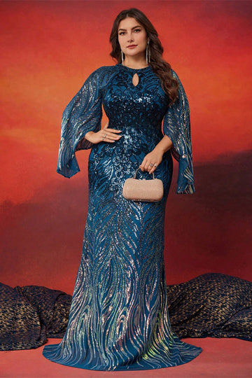 Robe longue mère de la mariée sirène bleu paon scintillant